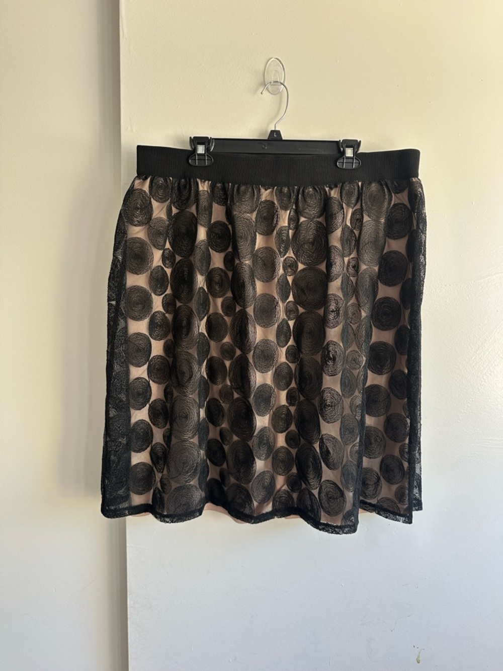 Lane Bryant Black Sheer Polka-Dot Overlay Midi Skirt with Nude Lining